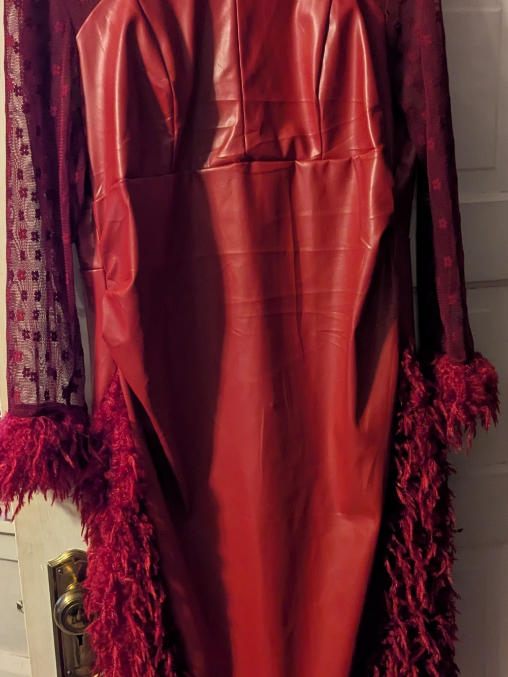 Red Faux Leather Dress with Textured Knit Fringe Neck & Sleeves